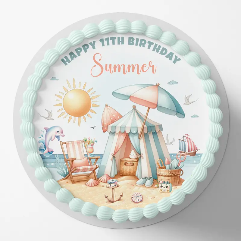Beach Themed Pre-Cut Round Edible Cake Topper 1