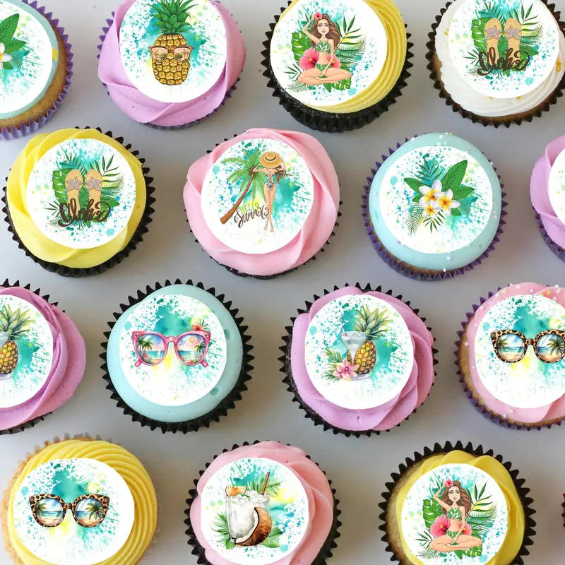 Beach Tropical Themed Pre-Cut Mini Edible Cupcake Or Cookie Toppers 1