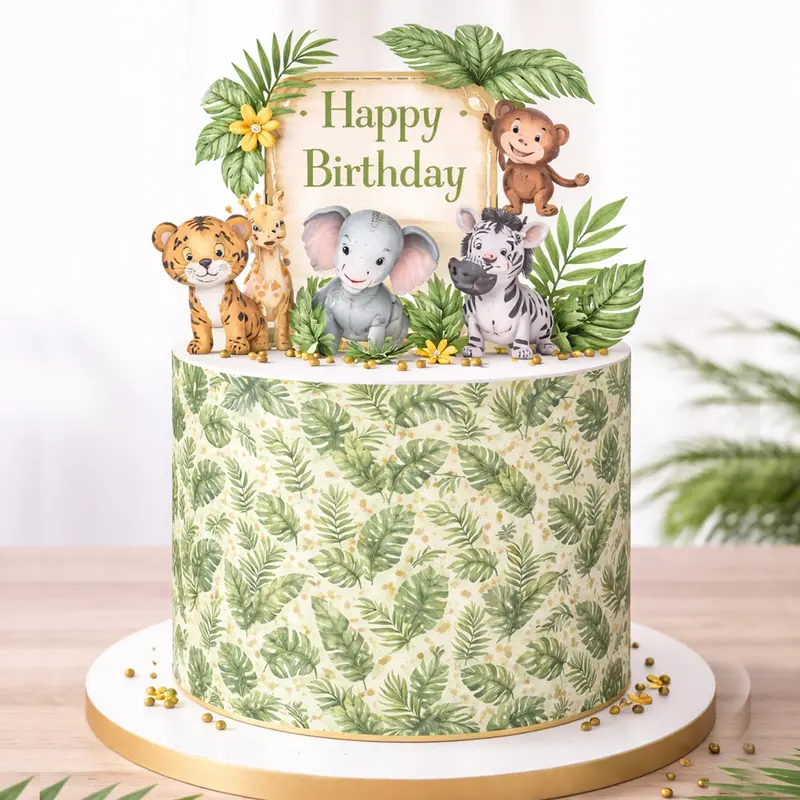 Jungle Safari Leaves Edible Icing Cake Wrap 1