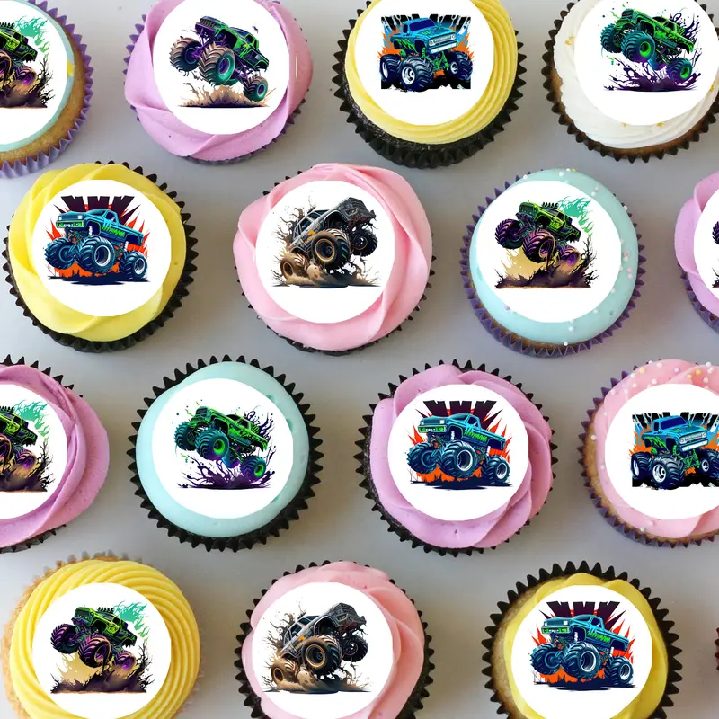 Monster Trucks Pre-Cut Mini Edible Icing Cupcake Or Cookie Toppers 1